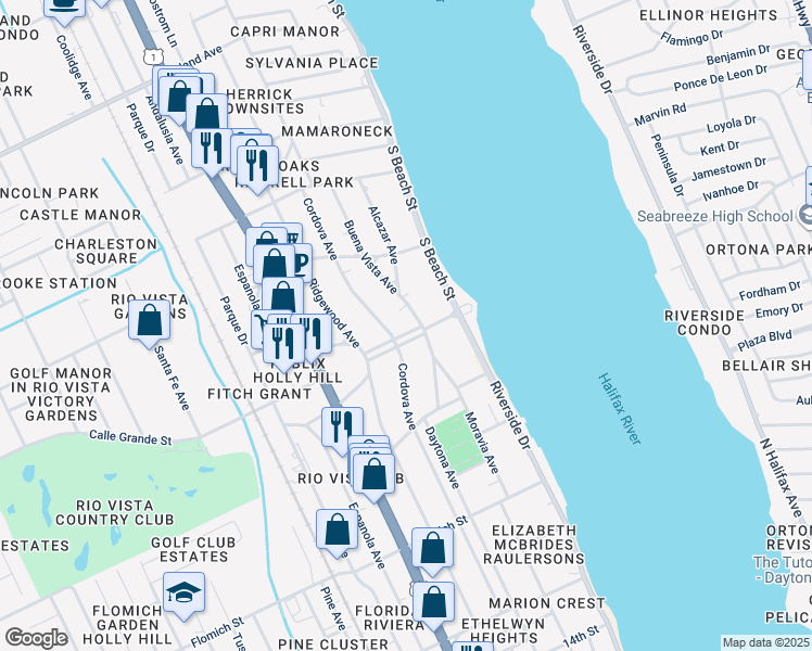 map of restaurants, bars, coffee shops, grocery stores, and more near 61 Plaza Grande Avenue in Ormond Beach