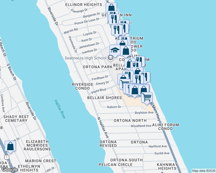 map of restaurants, bars, coffee shops, grocery stores, and more near 342 Emory Drive in Daytona Beach