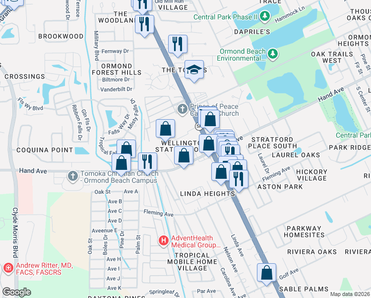 map of restaurants, bars, coffee shops, grocery stores, and more near 689 Wellington Station Boulevard in Ormond Beach