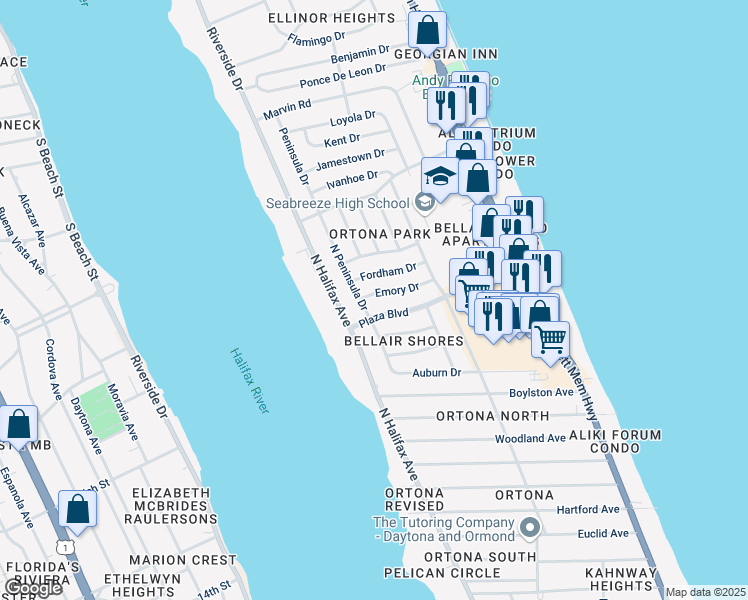 map of restaurants, bars, coffee shops, grocery stores, and more near 306 Emory Drive in Daytona Beach