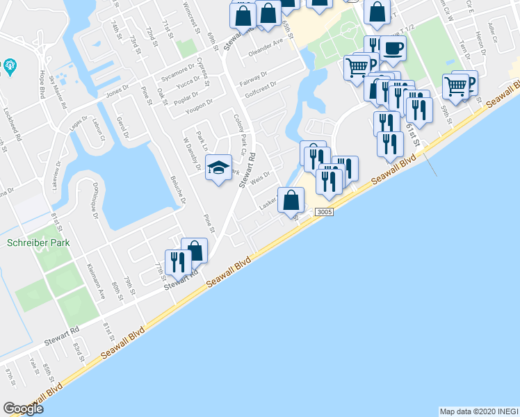 map of restaurants, bars, coffee shops, grocery stores, and more near 7022 Lasker Drive in Galveston
