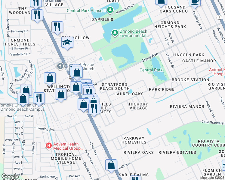 map of restaurants, bars, coffee shops, grocery stores, and more near 781 Victoria Circle East in Ormond Beach