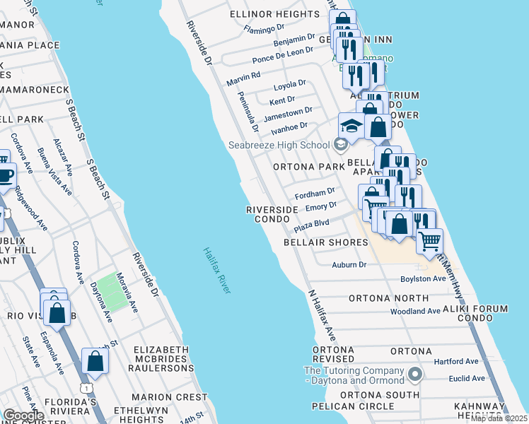 map of restaurants, bars, coffee shops, grocery stores, and more near 2801 North Halifax Avenue in Daytona Beach