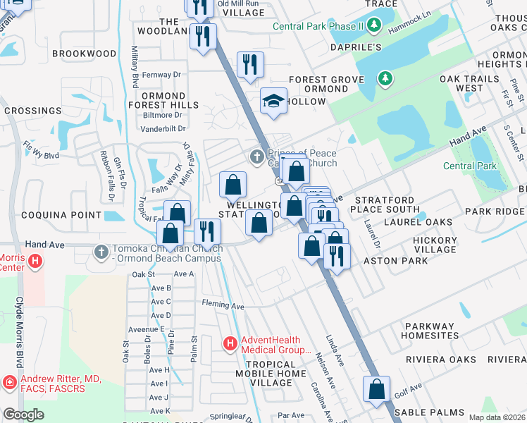 map of restaurants, bars, coffee shops, grocery stores, and more near 689 Wellington Station Boulevard in Ormond Beach