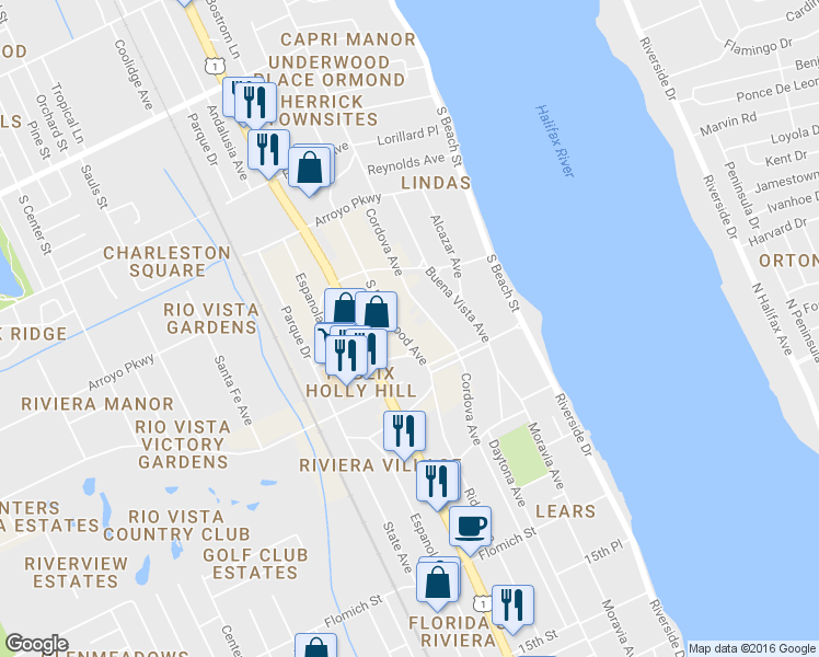 map of restaurants, bars, coffee shops, grocery stores, and more near 779 South Ridgewood Avenue in Ormond Beach