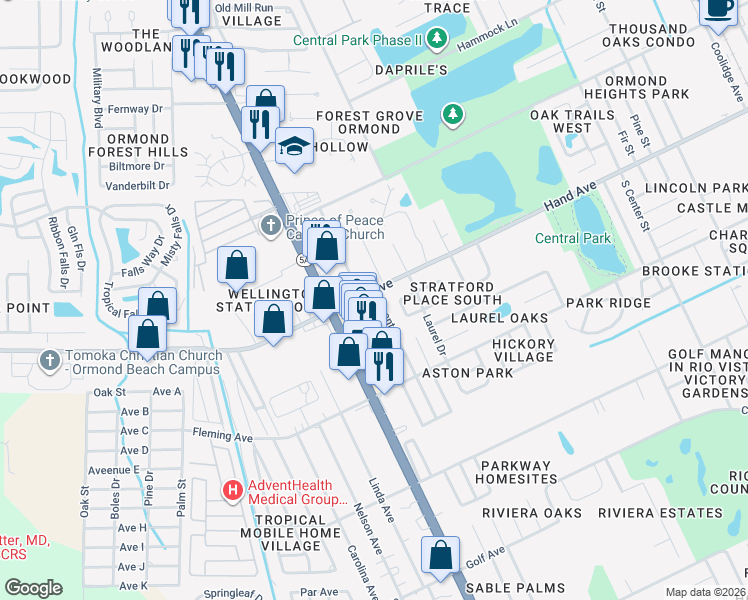 map of restaurants, bars, coffee shops, grocery stores, and more near 432 Bryant Street in Ormond Beach