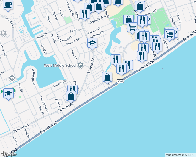map of restaurants, bars, coffee shops, grocery stores, and more near 7010 Lasker Drive in Galveston