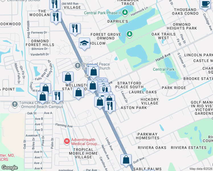 map of restaurants, bars, coffee shops, grocery stores, and more near 432 Bryant Street in Ormond Beach