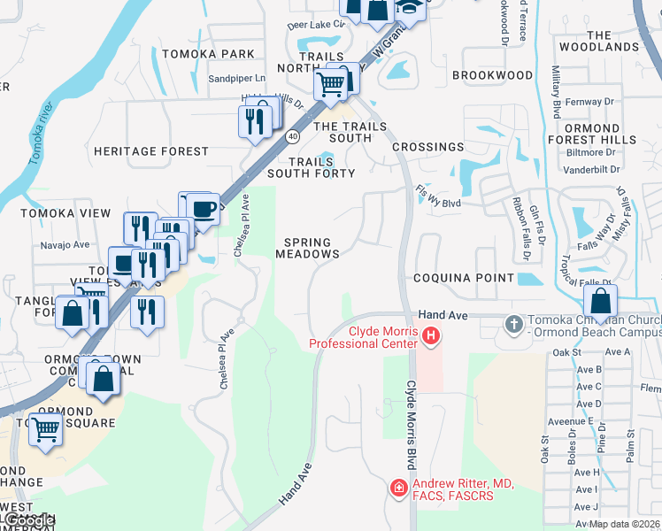 map of restaurants, bars, coffee shops, grocery stores, and more near 42 Spring Meadows Drive in Ormond Beach