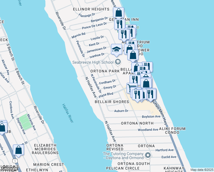 map of restaurants, bars, coffee shops, grocery stores, and more near 306 Emory Drive in Daytona Beach