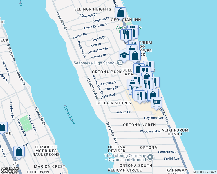 map of restaurants, bars, coffee shops, grocery stores, and more near 306 Emory Drive in Daytona Beach