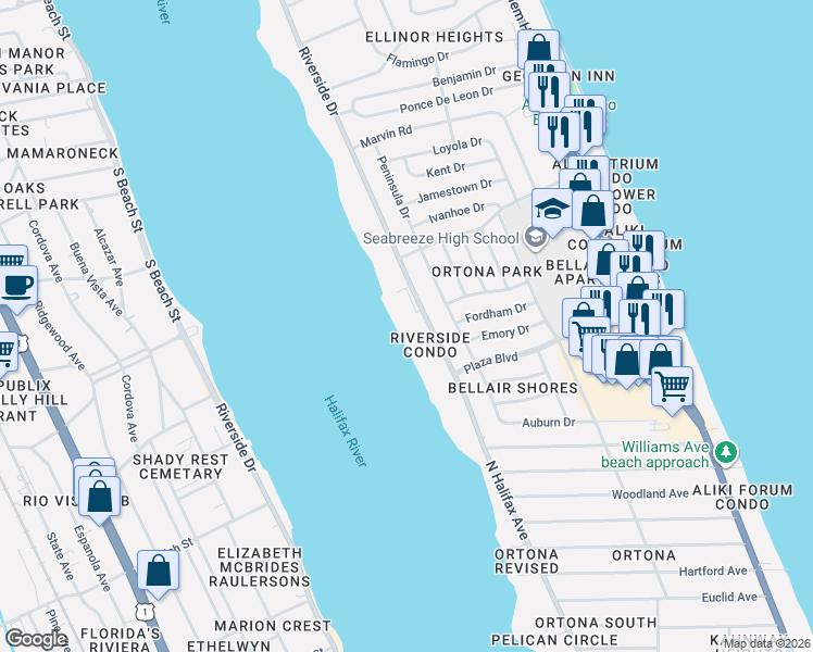 map of restaurants, bars, coffee shops, grocery stores, and more near 2801 North Halifax Avenue in Daytona Beach