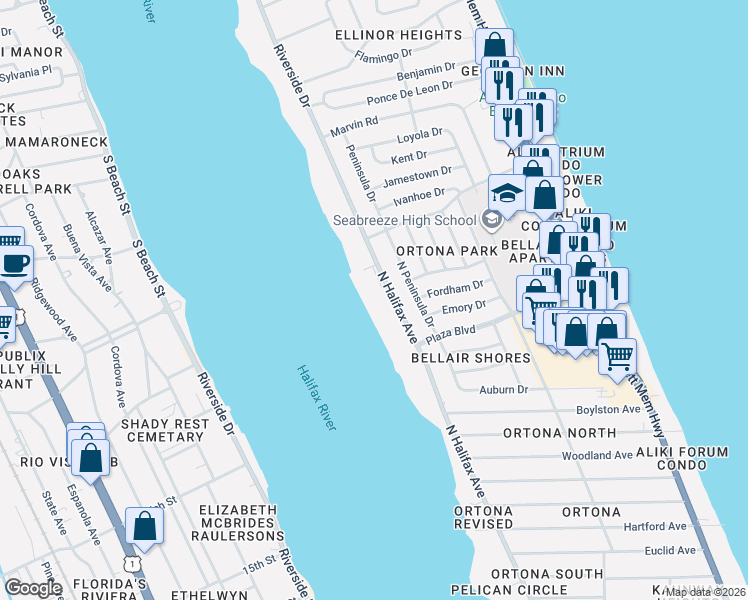 map of restaurants, bars, coffee shops, grocery stores, and more near 2801 North Halifax Avenue in Daytona Beach