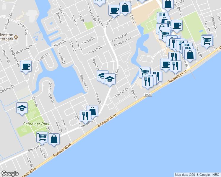 map of restaurants, bars, coffee shops, grocery stores, and more near 7220 Stewart Road in Galveston
