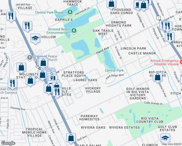 map of restaurants, bars, coffee shops, grocery stores, and more near 15 Lakeview Circle in Ormond Beach