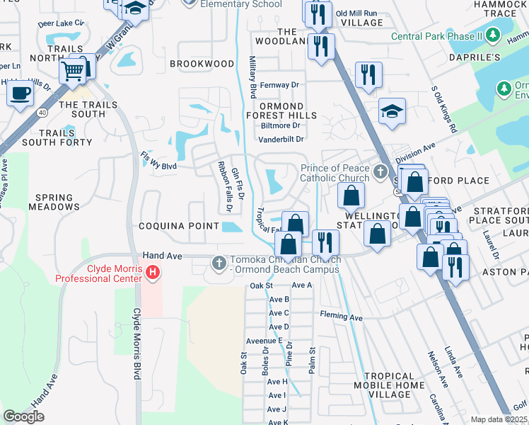 map of restaurants, bars, coffee shops, grocery stores, and more near 116 Misty Falls Drive in Ormond Beach