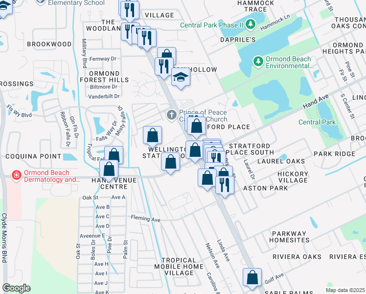 map of restaurants, bars, coffee shops, grocery stores, and more near 664 South Nova Road in Ormond Beach