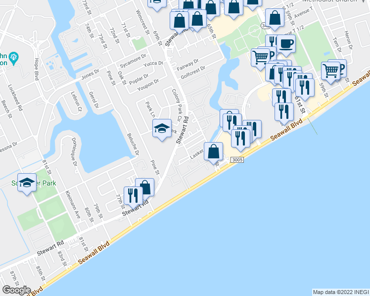 map of restaurants, bars, coffee shops, grocery stores, and more near 3311 Ashton Place in Galveston