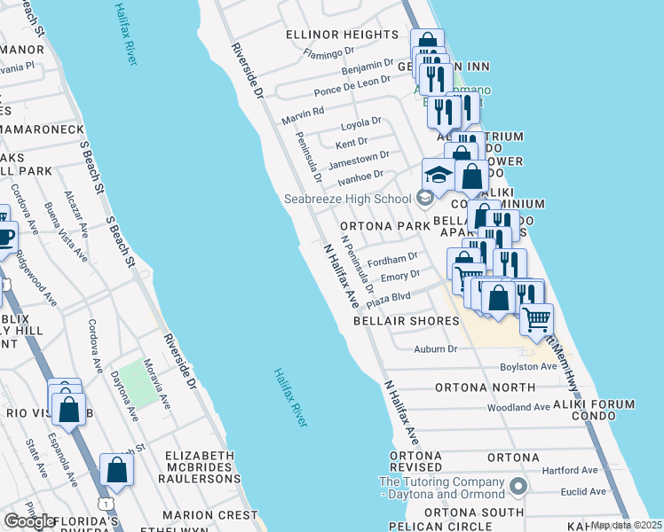 map of restaurants, bars, coffee shops, grocery stores, and more near 2901 North Halifax Avenue in Daytona Beach