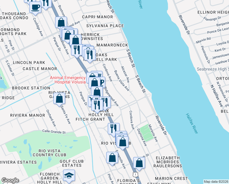 map of restaurants, bars, coffee shops, grocery stores, and more near 779 South Ridgewood Avenue in Ormond Beach