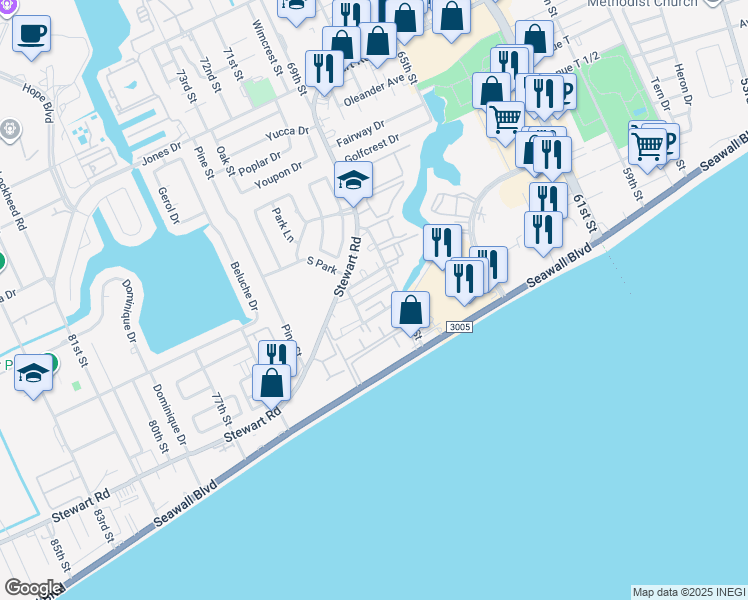 map of restaurants, bars, coffee shops, grocery stores, and more near 6913 Weis drive in Galveston