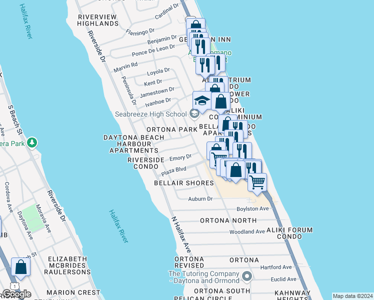 map of restaurants, bars, coffee shops, grocery stores, and more near 352 Fordham Drive in Daytona Beach