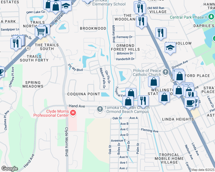 map of restaurants, bars, coffee shops, grocery stores, and more near 15 Highland Falls Drive in Ormond Beach