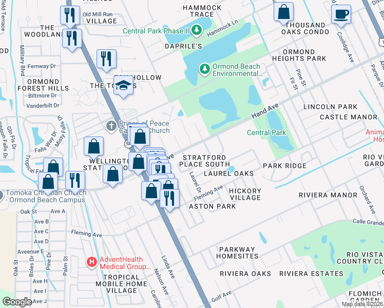 map of restaurants, bars, coffee shops, grocery stores, and more near 2 Oak Brook Drive in Ormond Beach