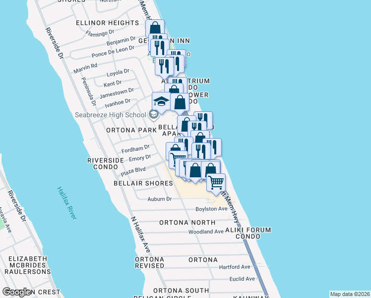 map of restaurants, bars, coffee shops, grocery stores, and more near 2715 North Atlantic Avenue in Daytona Beach