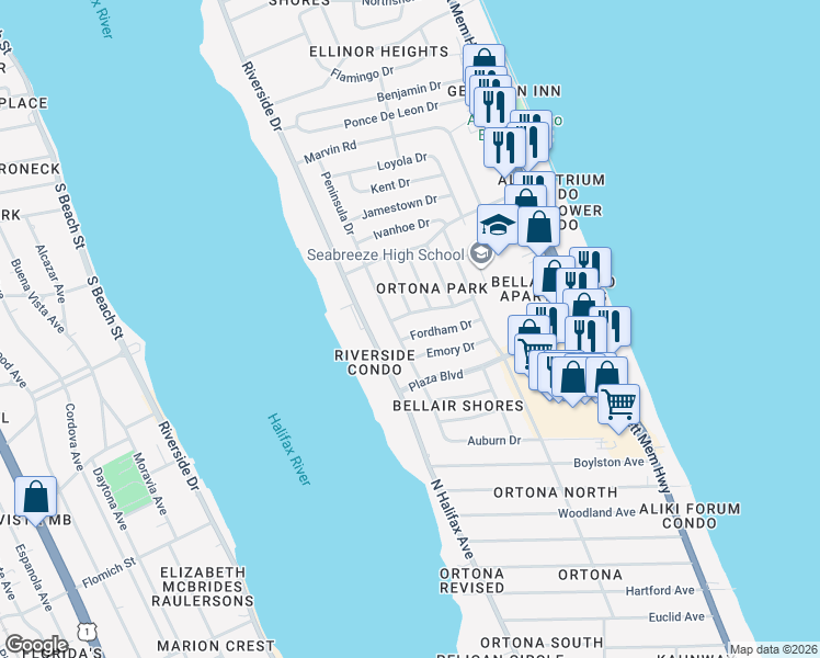 map of restaurants, bars, coffee shops, grocery stores, and more near 324 Georgetown Drive in Daytona Beach