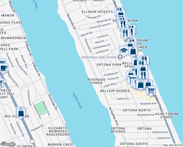 map of restaurants, bars, coffee shops, grocery stores, and more near 3013 Riverside Drive in Ormond Beach