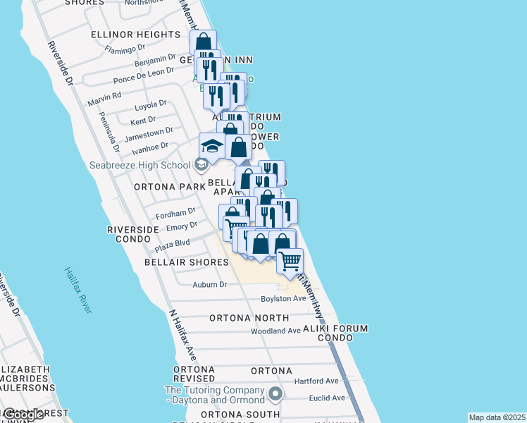 map of restaurants, bars, coffee shops, grocery stores, and more near 2699 North Atlantic Avenue in Daytona Beach