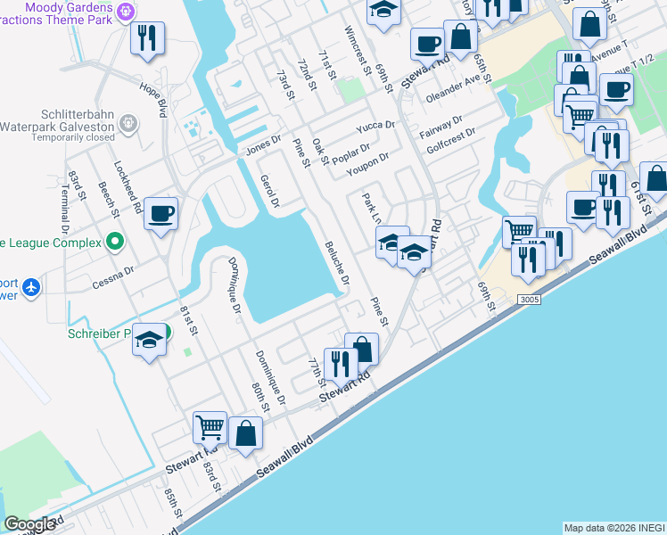 map of restaurants, bars, coffee shops, grocery stores, and more near 3001 Beluche Drive in Galveston