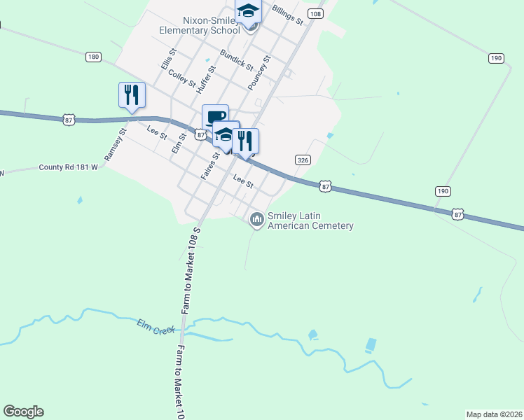 map of restaurants, bars, coffee shops, grocery stores, and more near 300 Monterey Street in Smiley