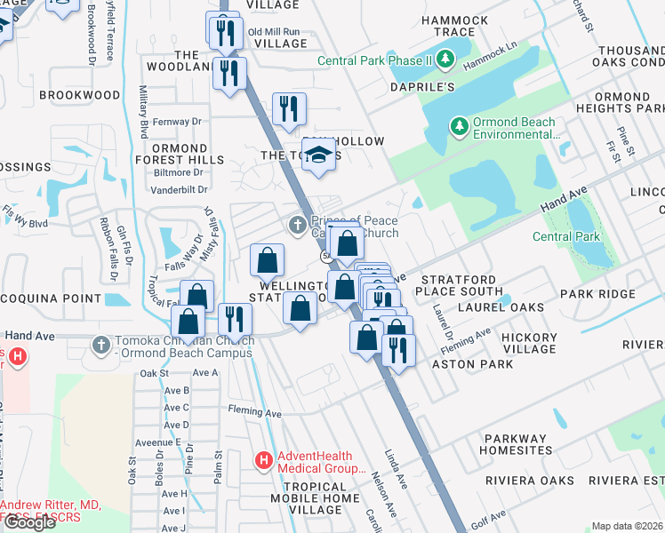 map of restaurants, bars, coffee shops, grocery stores, and more near 621 Florida 5A in Ormond Beach
