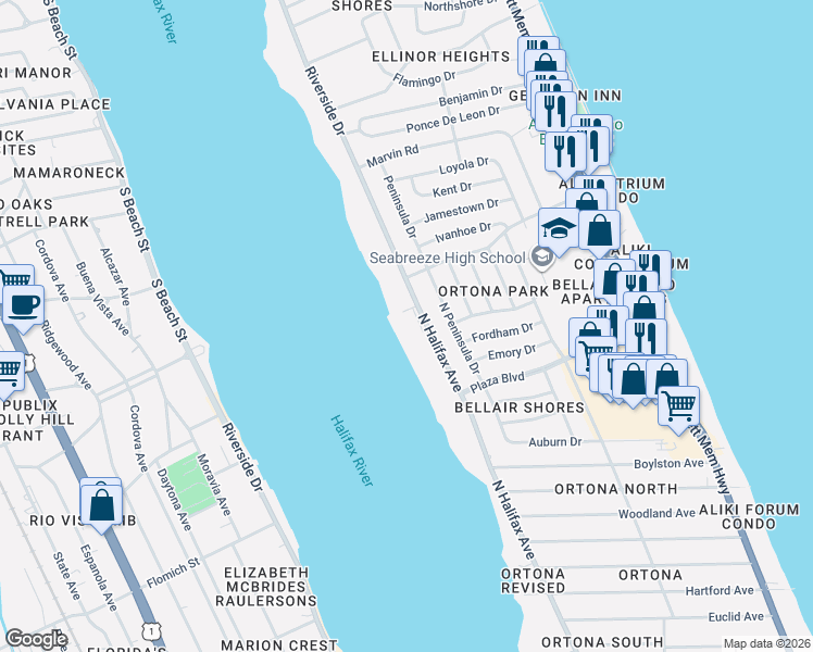 map of restaurants, bars, coffee shops, grocery stores, and more near 3013 Riverside Drive in Ormond Beach