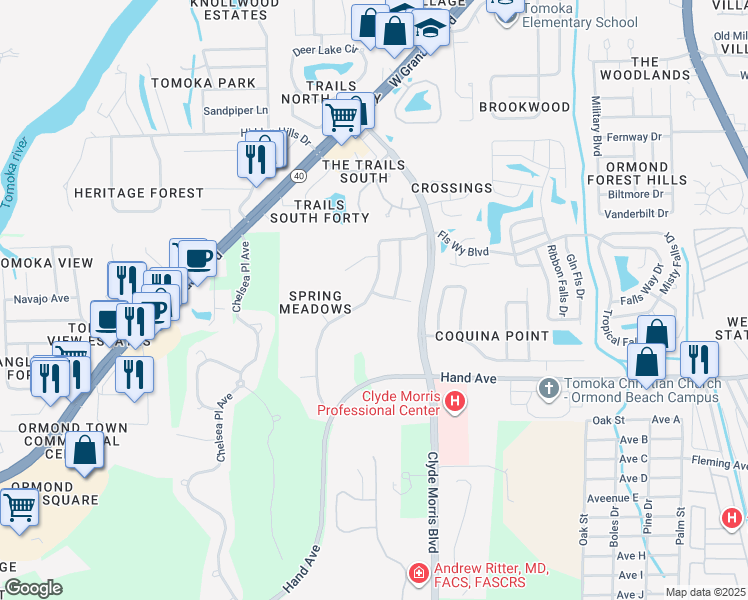map of restaurants, bars, coffee shops, grocery stores, and more near 26 Spring Meadows Drive in Ormond Beach