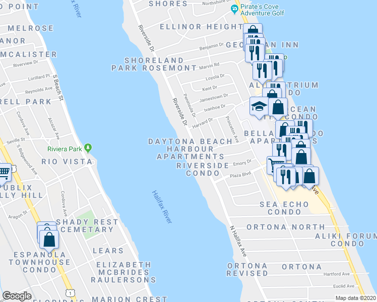 map of restaurants, bars, coffee shops, grocery stores, and more near 3013 Riverside Drive in Ormond Beach