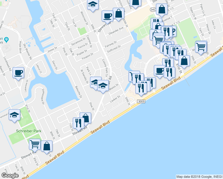 map of restaurants, bars, coffee shops, grocery stores, and more near 7001 Weiss Drive in Galveston