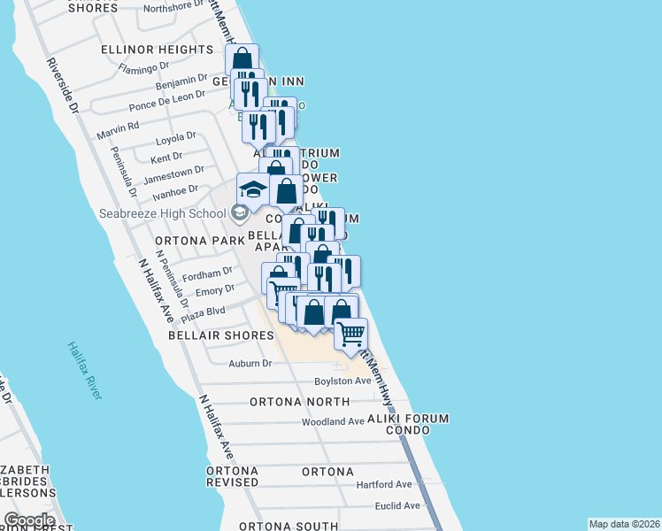 map of restaurants, bars, coffee shops, grocery stores, and more near 2699 North Atlantic Avenue in Daytona Beach