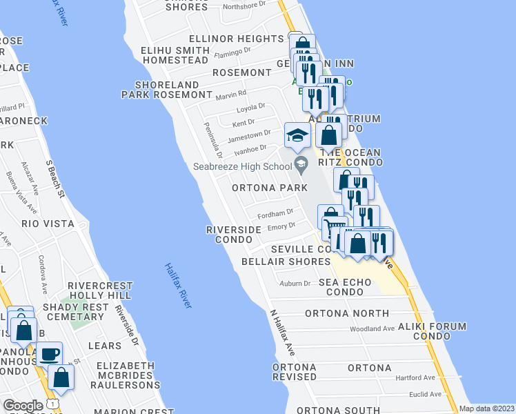 map of restaurants, bars, coffee shops, grocery stores, and more near 312 Georgetown Drive in Daytona Beach