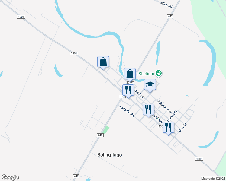map of restaurants, bars, coffee shops, grocery stores, and more near 10726 Farm to Market Road 1301 in Boling-Iago