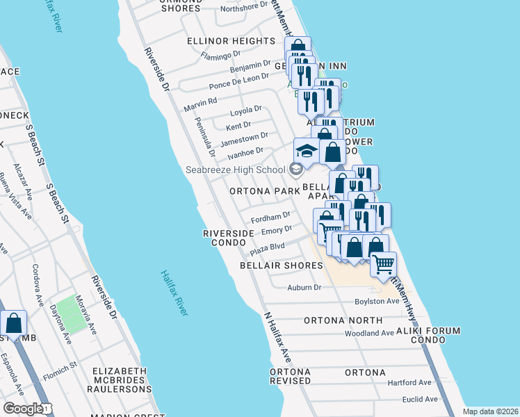 map of restaurants, bars, coffee shops, grocery stores, and more near 324 Georgetown Drive in Daytona Beach