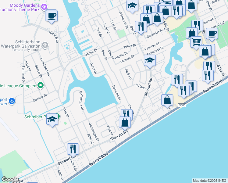 map of restaurants, bars, coffee shops, grocery stores, and more near 3001 Beluche Drive in Galveston