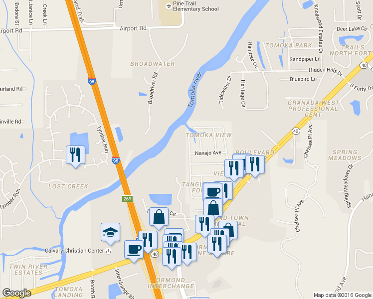 map of restaurants, bars, coffee shops, grocery stores, and more near 209 Cherokee Road in Ormond Beach