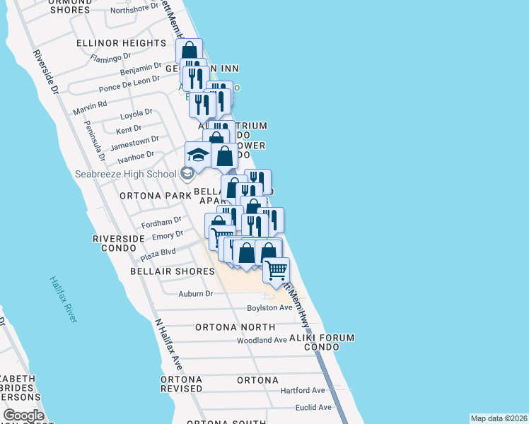 map of restaurants, bars, coffee shops, grocery stores, and more near 2700 North Atlantic Avenue in Daytona Beach