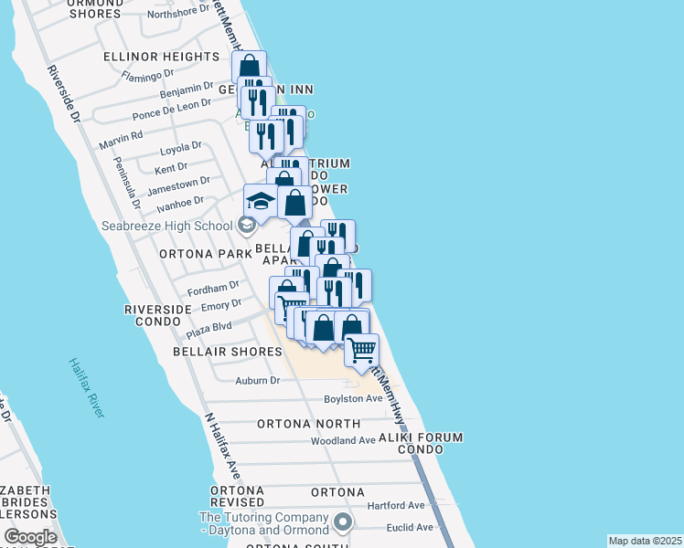 map of restaurants, bars, coffee shops, grocery stores, and more near 2699 North Atlantic Avenue in Daytona Beach