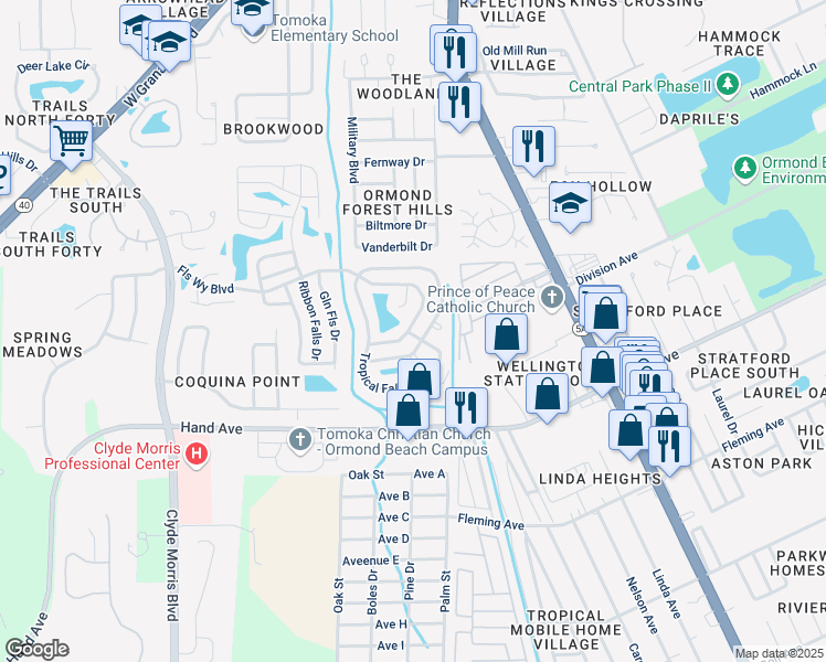 map of restaurants, bars, coffee shops, grocery stores, and more near 2 Misty Falls Drive in Ormond Beach