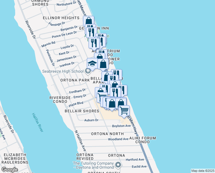map of restaurants, bars, coffee shops, grocery stores, and more near 2715 North Atlantic Avenue in Daytona Beach
