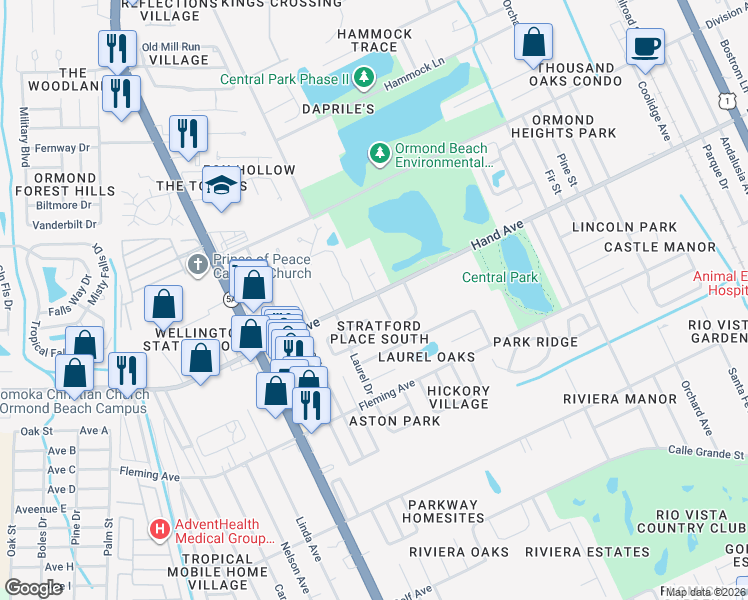 map of restaurants, bars, coffee shops, grocery stores, and more near 2 Oak Brook Drive in Ormond Beach